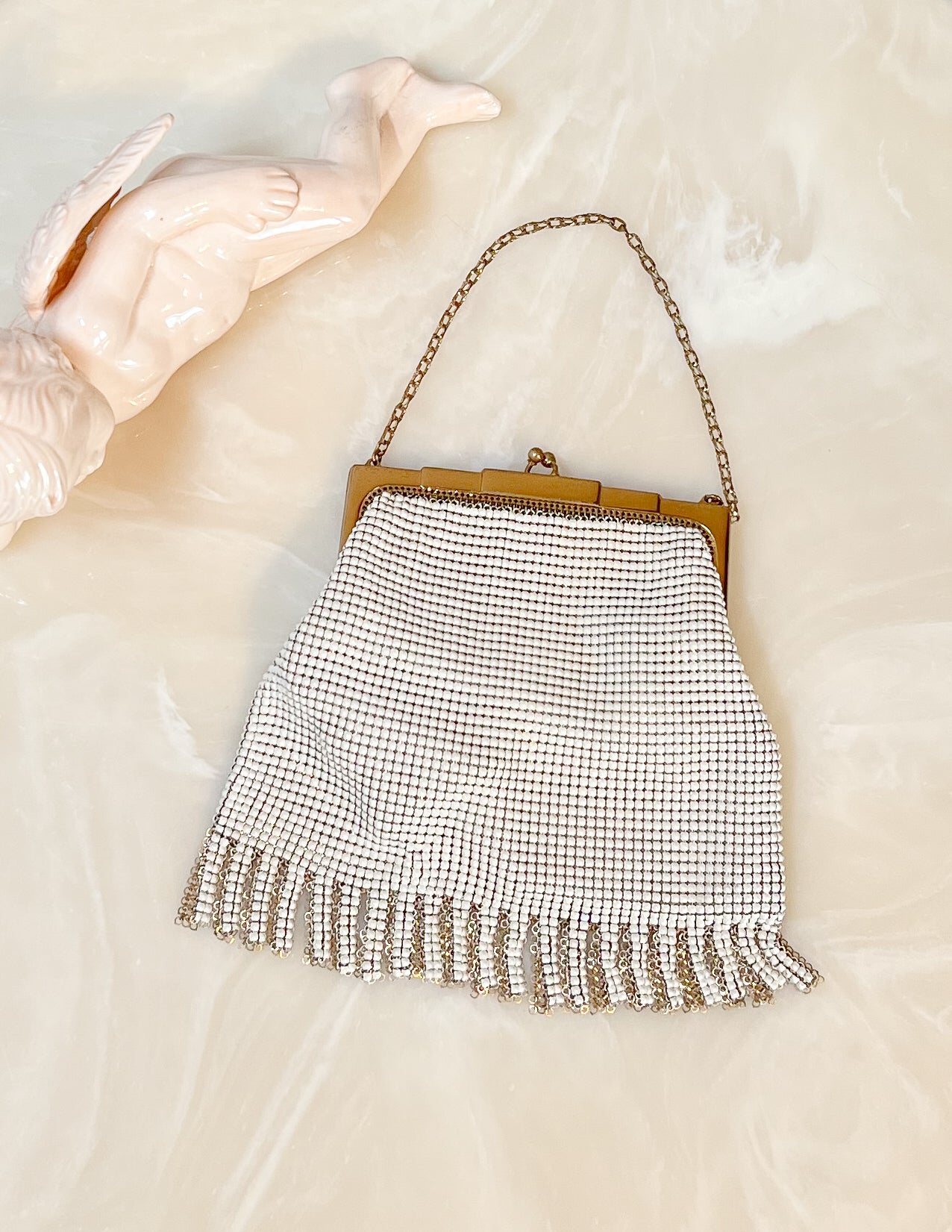 Whiting & Davis Antique Art Deco White Chainmail Fringe Bag