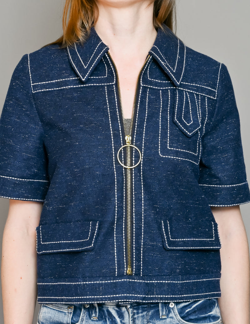 D'ZZIT Japan Short-Sleeve Wool-Blend Denim-Look Jacket (XS)