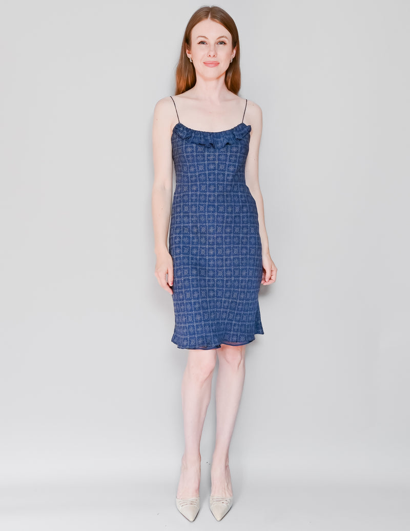 VINTAGE 100% SILK Blue Ruffle Slip Dress