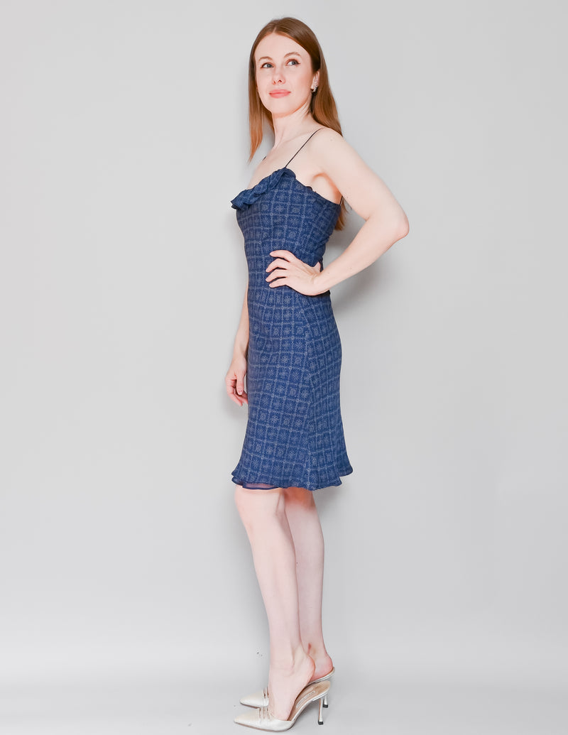 VINTAGE 100% SILK Blue Ruffle Slip Dress