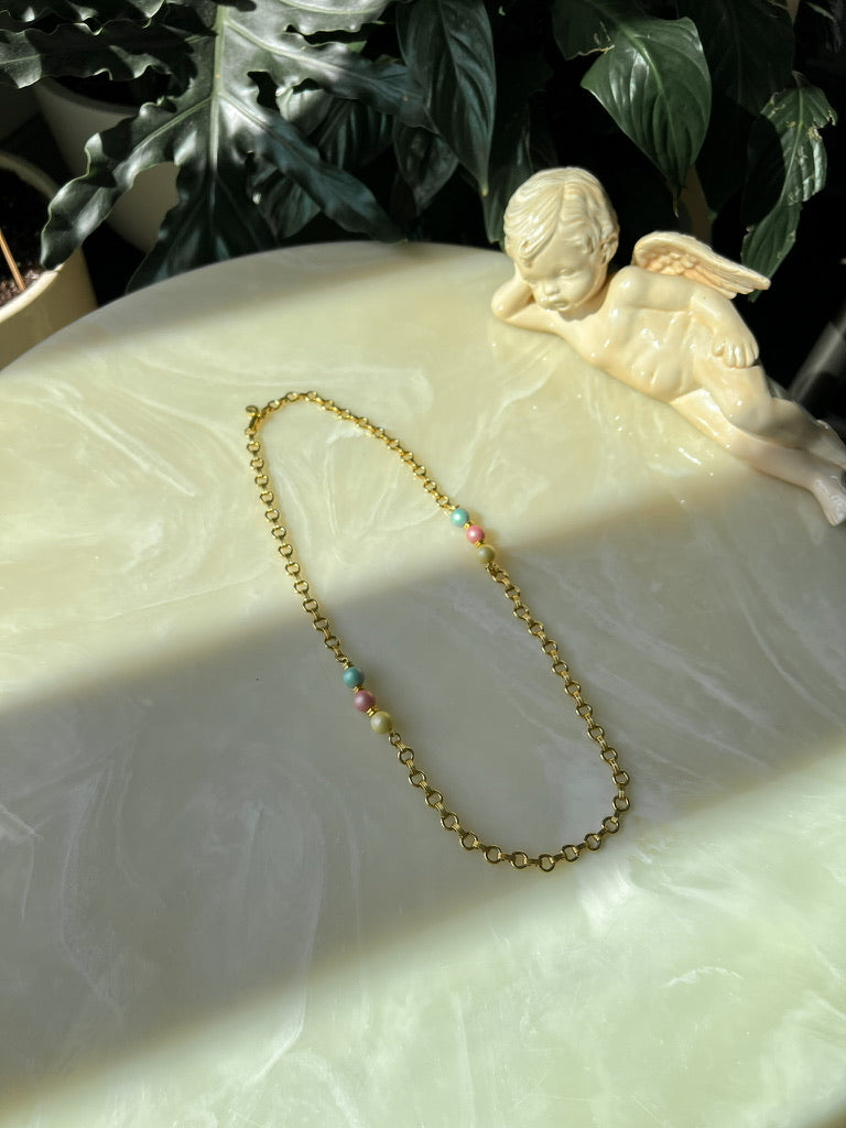 Alice Caviness Vintage Gold Tone Link Pastel Bead Necklace