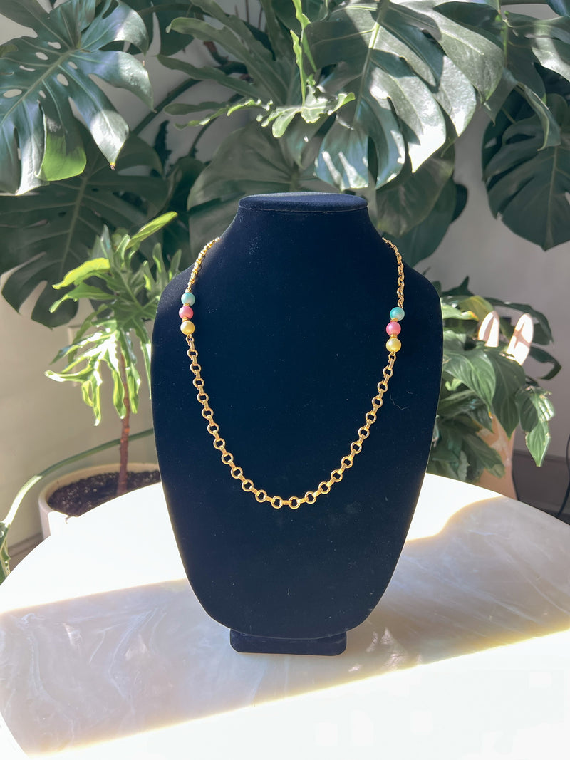Alice Caviness Vintage Gold Tone Link Pastel Bead Necklace