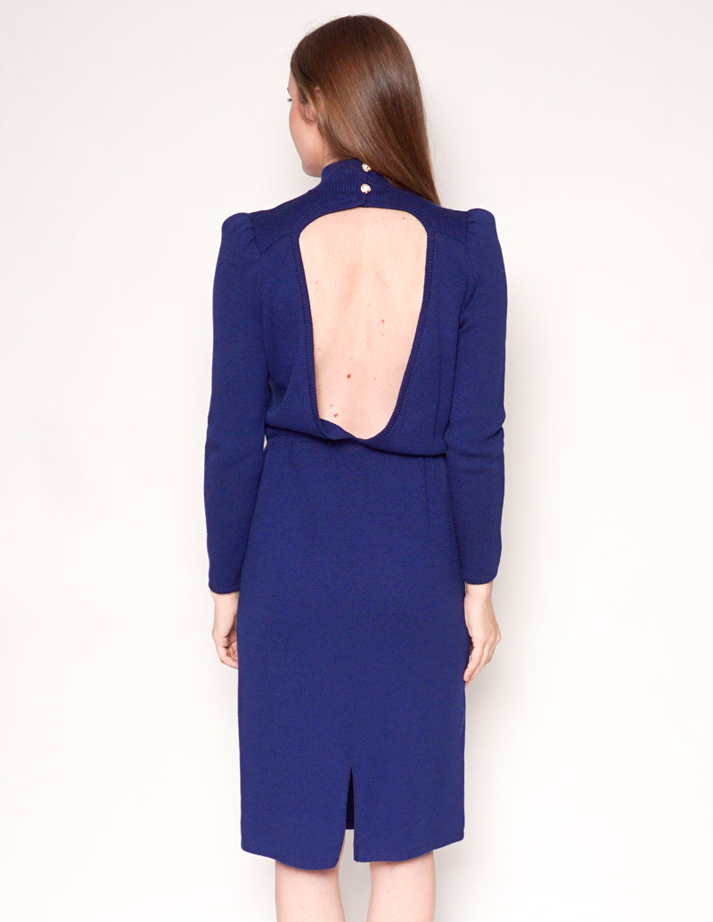 VINTAGE Blue Knit Open-Back Dress