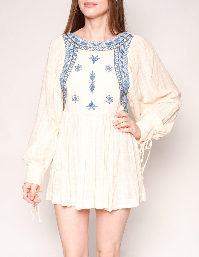 FREE PEOPLE Cream Cotton Embroidered Long-Sleeve Babydoll Mini Dress - Fashion Without Trashin
