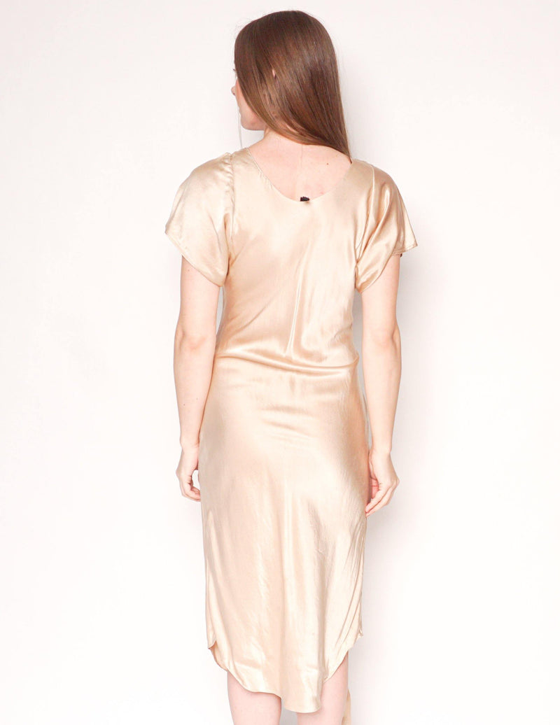 RUBIN CHAPELLE Champagne Silk Belted Midi Dress - Fashion Without Trashin