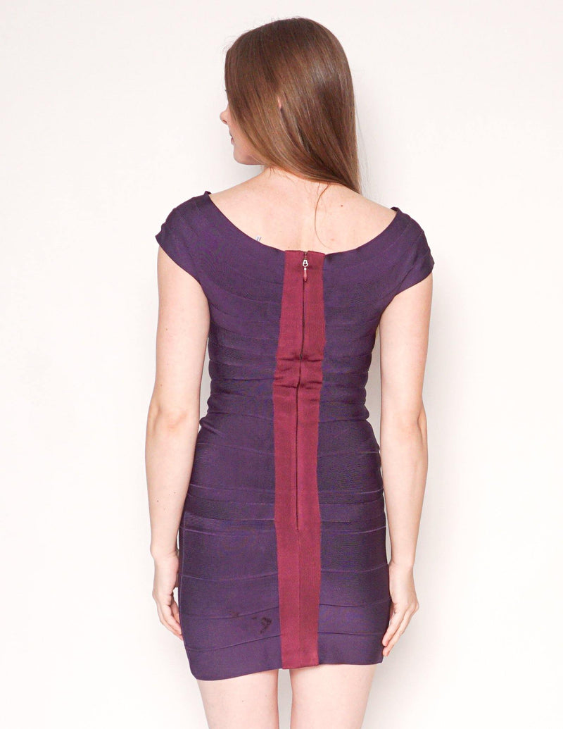 HERVE LEGER Purple Off-Shoulder Mini Bandage Dress - Fashion Without Trashin