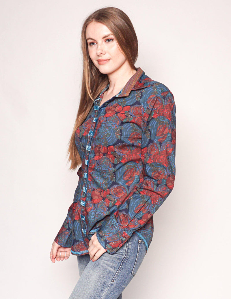 GEORG ROTH Floral Print Button-Down Teal Shirt - Fashion Without Trashin