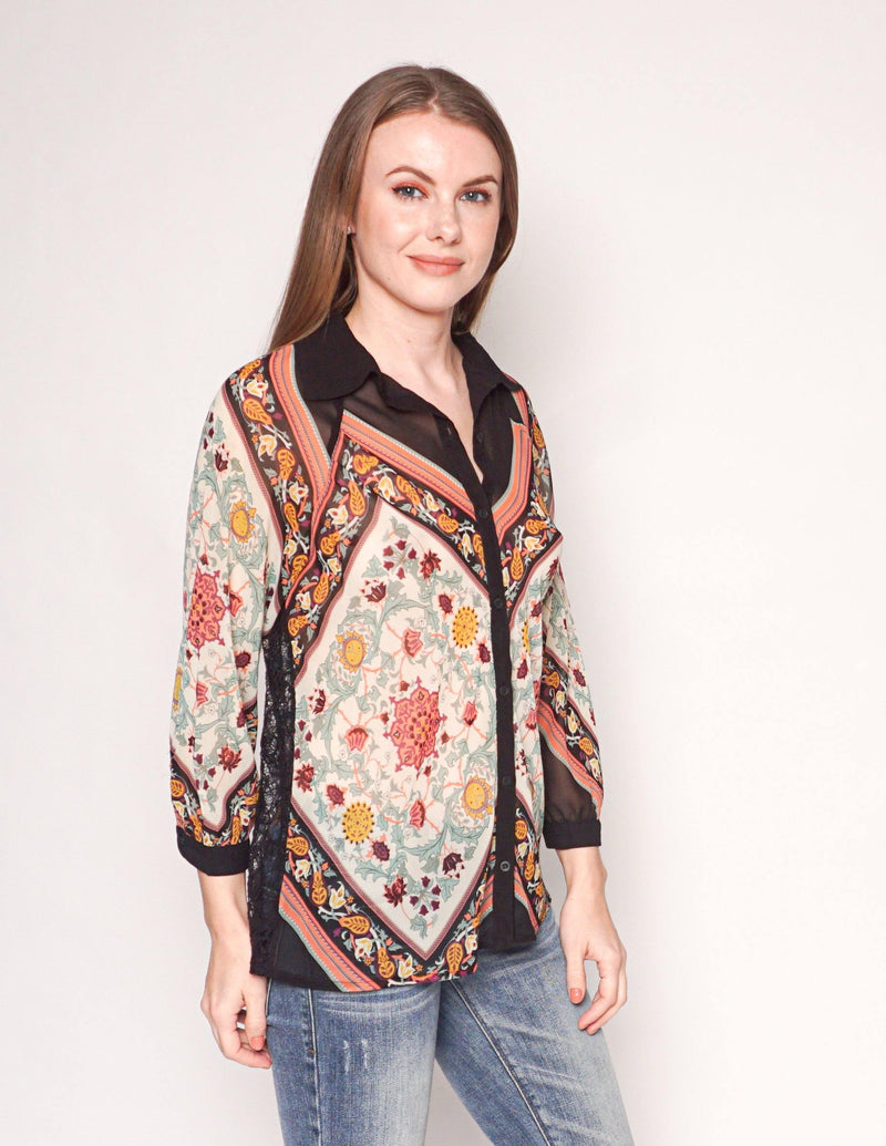 FARM Rio Floral Print Lace Back Button-Down Blouse - Fashion Without Trashin