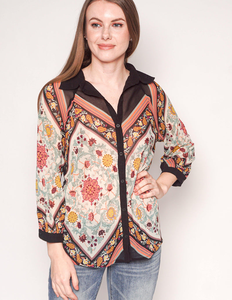 FARM Rio Floral Print Lace Back Button-Down Blouse - Fashion Without Trashin