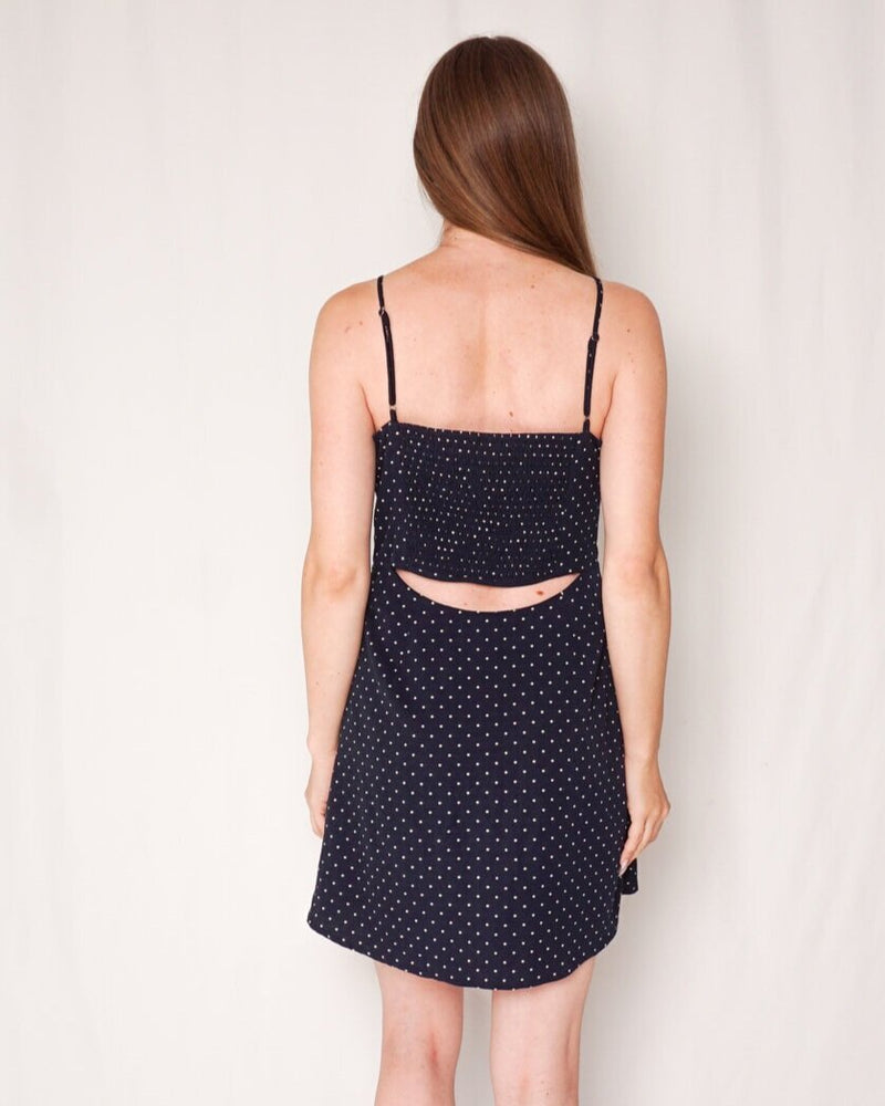 leRumi Audrey Navy Polka Dot Mini Dress (Size M)