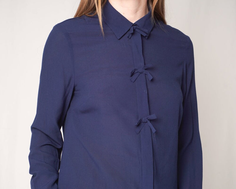 Reiss Navy Blue Tiny Bows Button Down Blouse (Size 6)