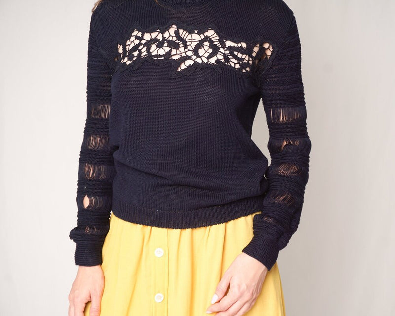 Thakoon Knit Dark Navy Floral Lace Sweater (Size M)