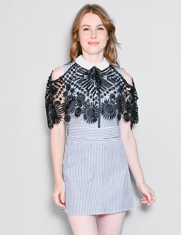 SELF-PORTRAIT Striped Shirting Dress w/ Lace Cape (US 2)