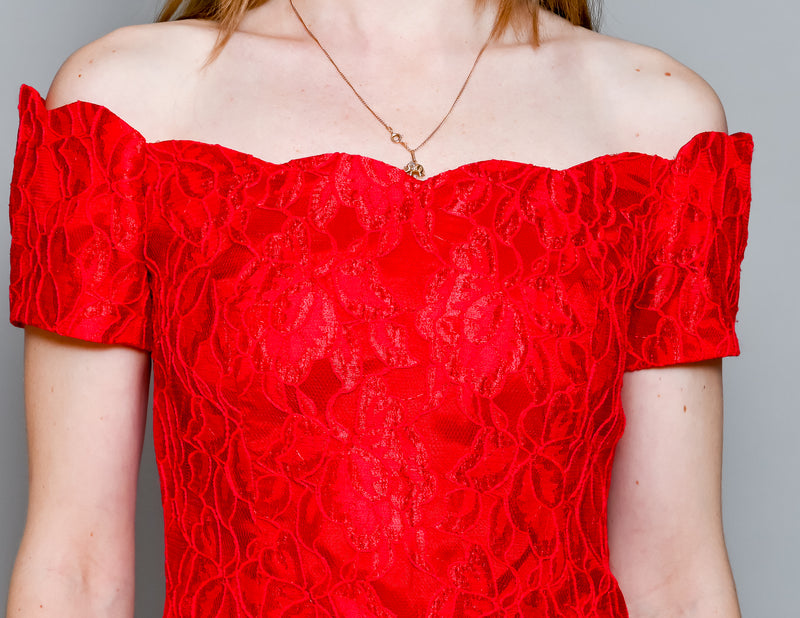 VINTAGE Roberta Red Off-The-Shoulder Lace Dress (S)