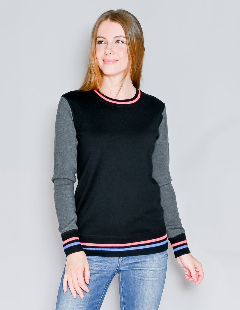 JASON WU Black Wool Stripe Trim Crew-Neck Sweater (XS)