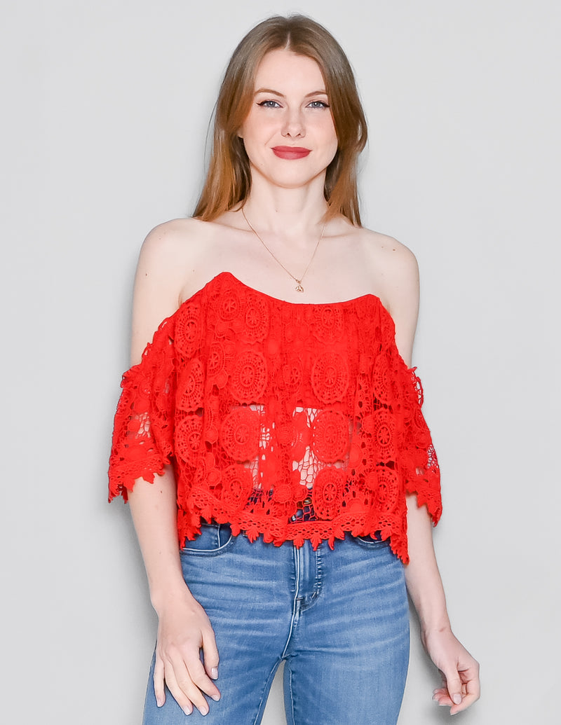 TULAROSA Amelia Red Off-Shoulder Crochet Crop Top (M)