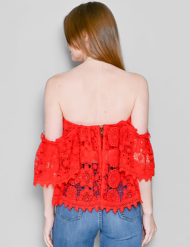 TULAROSA Amelia Red Off-Shoulder Crochet Crop Top (M)
