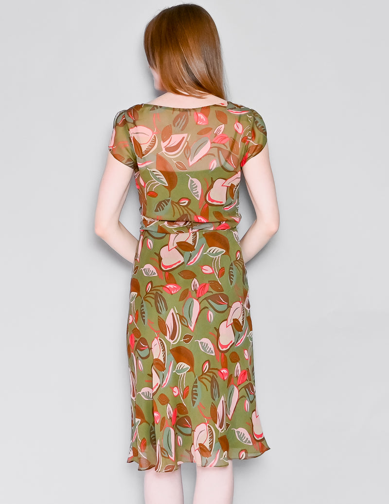 VINTAGE BCBGMaxAzria Y2K Silk Chiffon Botanical Print Midi Dress (8)