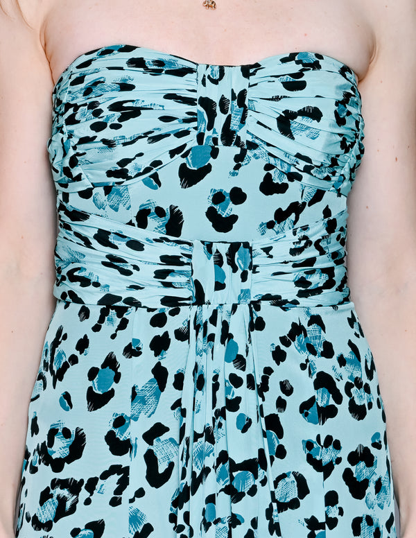 NANETTE LEPORE Silk Aqua Cheetah Strapless Maxi Dress (0)