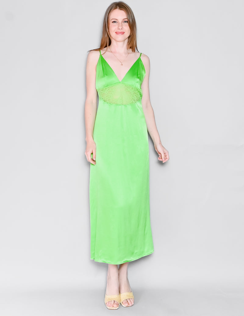 ZARA Green Satin Slip Dress With Lace NWT (M)