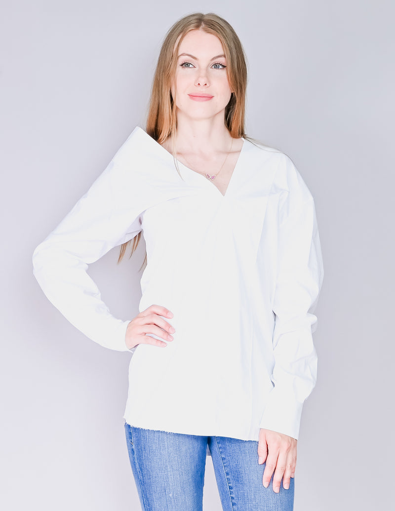 CELINE White Asymmetrical Neckline Cotton Shirt (38)