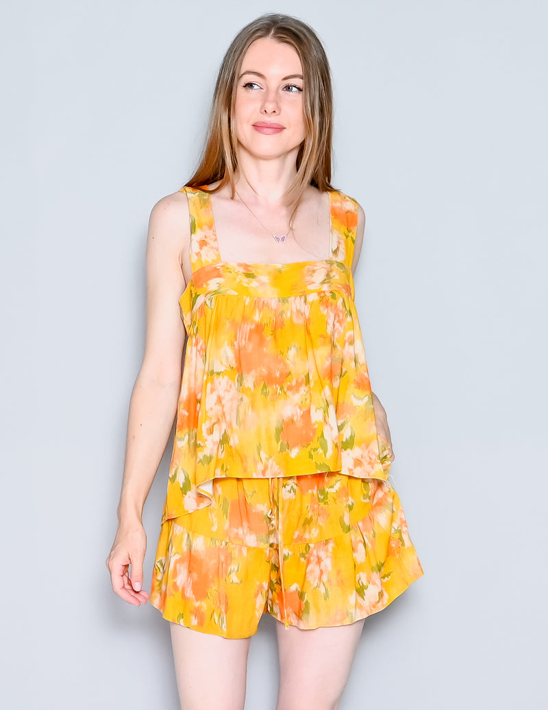 STARK X Yellow Linen Ruffle Shorts and Square Neck Top (M)