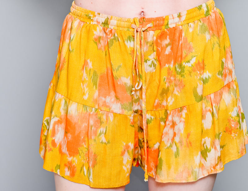 STARK X Yellow Linen Ruffle Shorts and Square Neck Top (M)