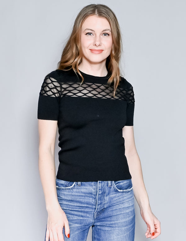 MAJE Mesh Chest Short-Sleeve Knit Top (M)