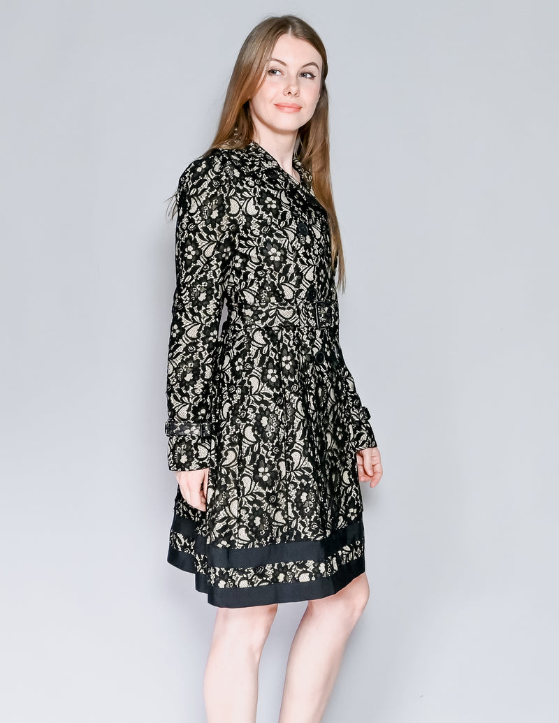 BEBE Black Lace Trench Coat with Lace-Up Back (M)
