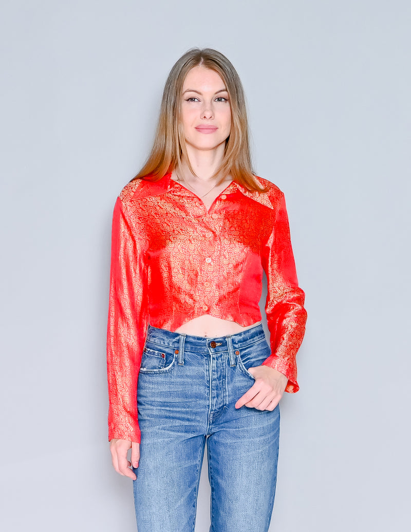 VINTAGE Brocade Metallic Red Cropped Button Down Top (S)