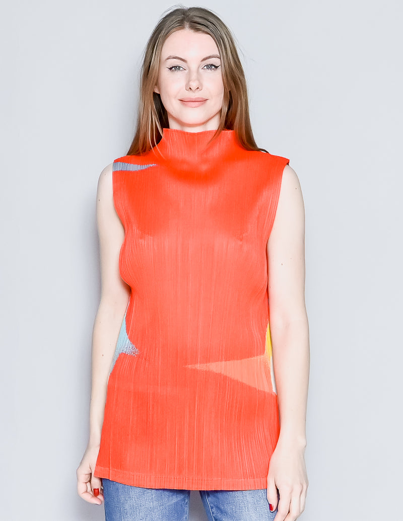 PLEATS PLEASE Issey Miyake Red Pleated Sleeveless Top (M)