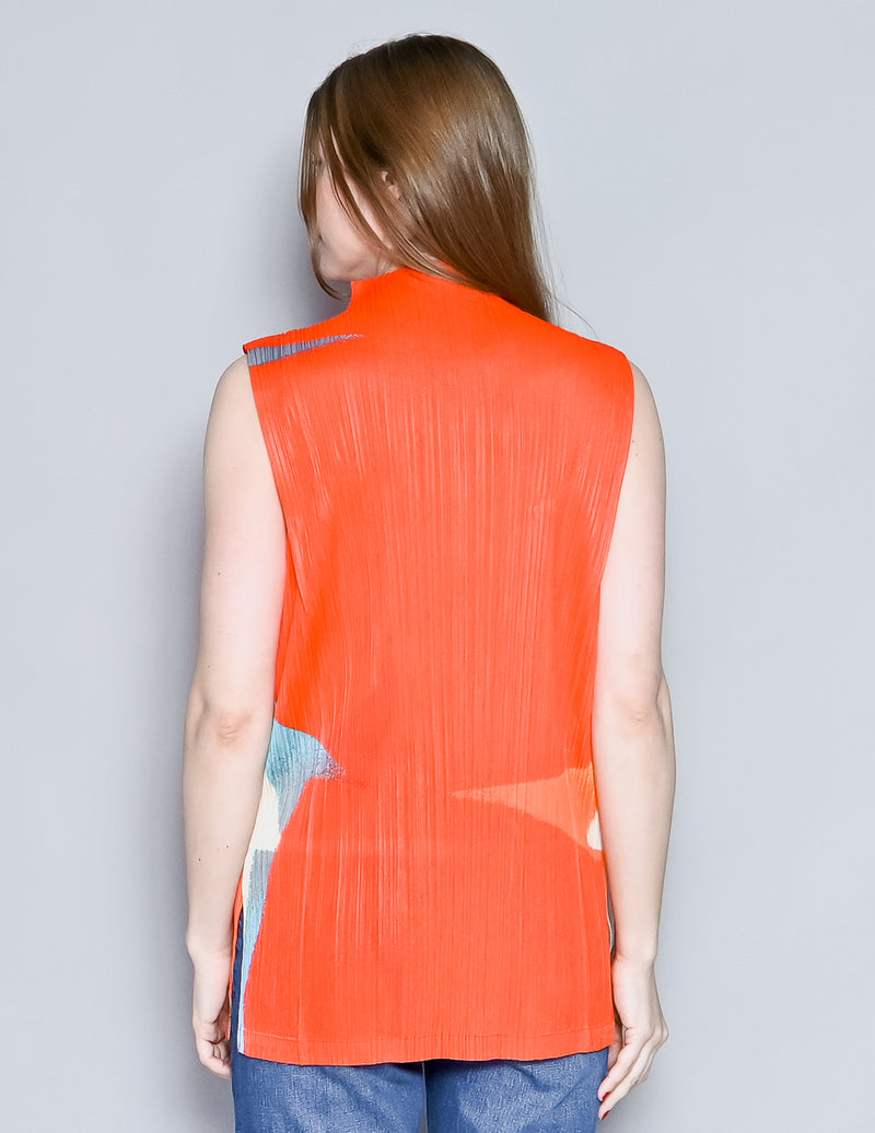 PLEATS PLEASE Issey Miyake Red Pleated Sleeveless Top (M)
