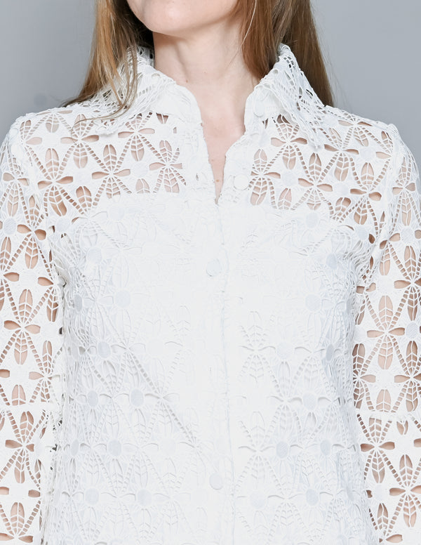 SANDRO Lace Mini Shirt Dress In Ivory (M)
