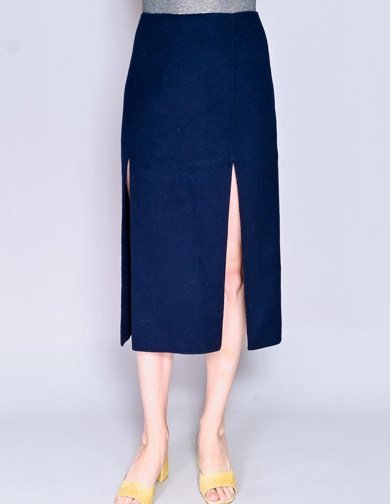 LOW CLASSIC Navy Wool Felt Midi Slits Skirt (M)