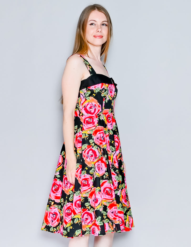 TATYANA Roses Print Retro Style Black Circle Dress (L)