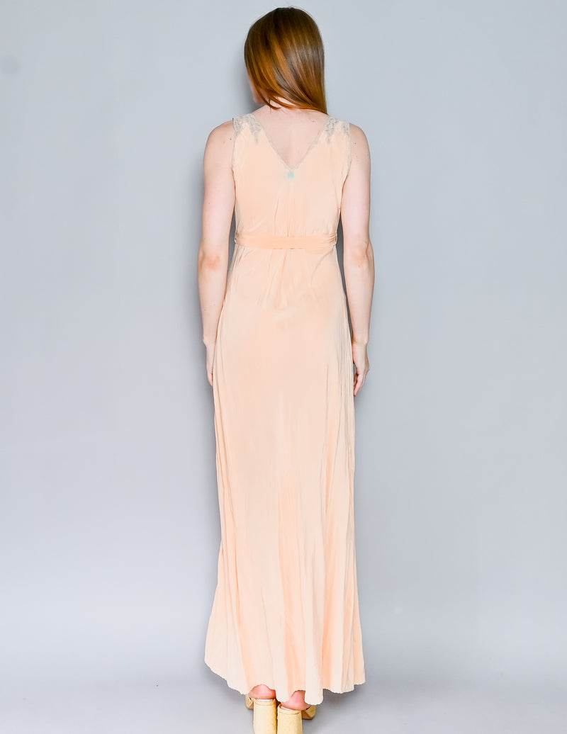 1920s Antique Peach Lace Silky Slip Gown (M)