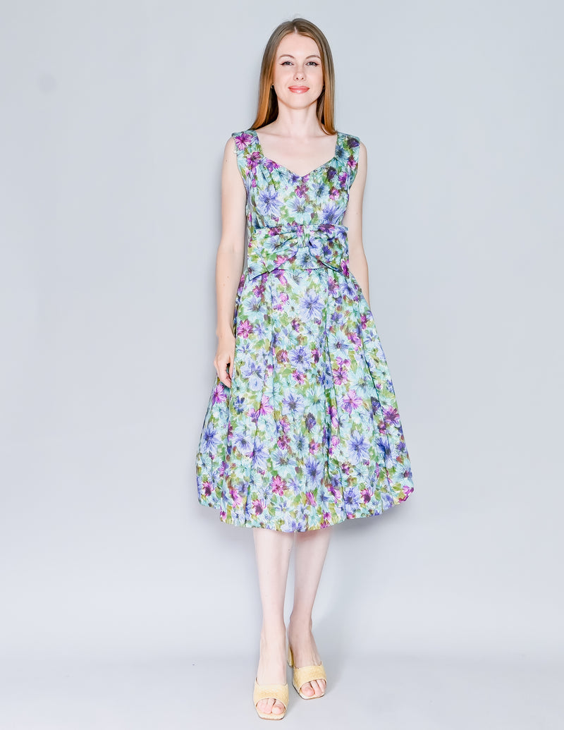 VINTAGE 50s Floral Print Bow Knee Length Dress Handmade (S)