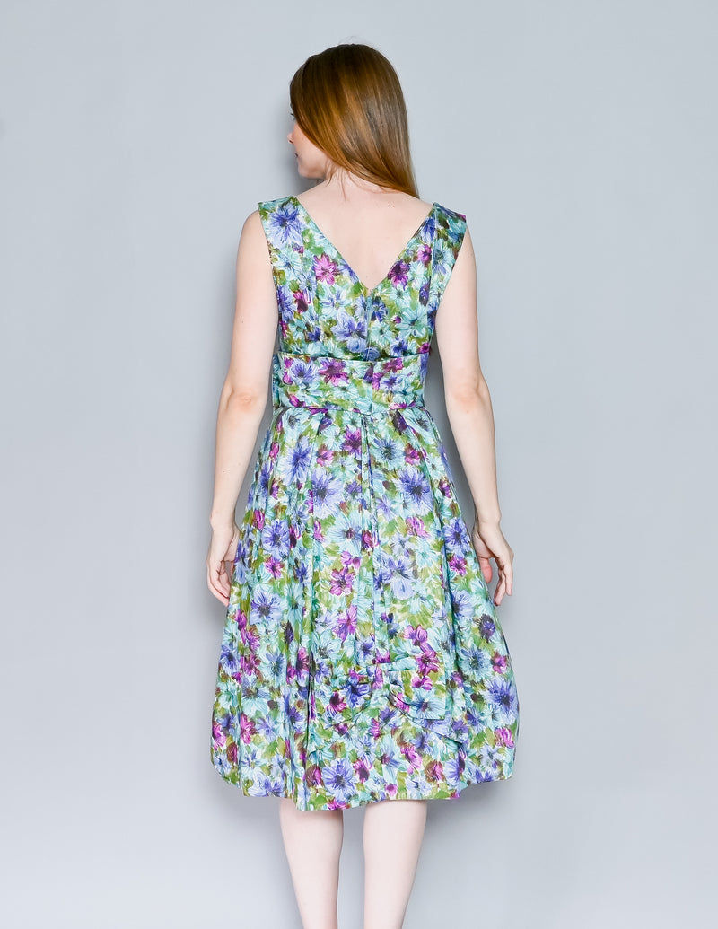VINTAGE 50s Floral Print Bow Knee Length Dress Handmade (S)