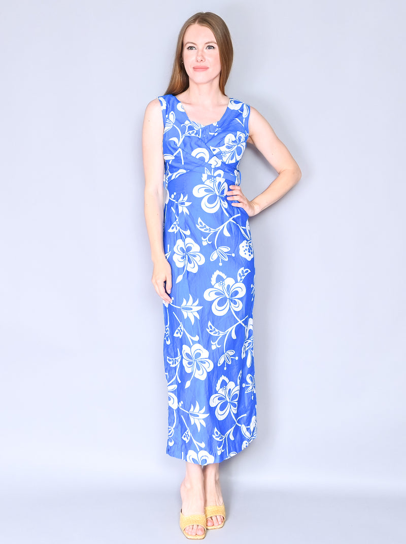 VINTAGE Sleeveless Hawaiian Floral Blue Maxi Dress (XS)
