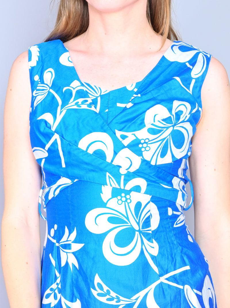 VINTAGE Sleeveless Hawaiian Floral Blue Maxi Dress (XS)