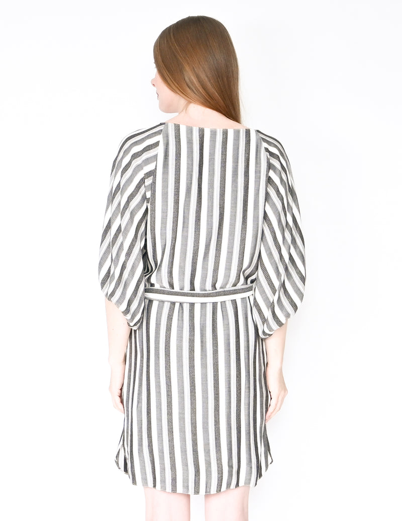 AMANDA UPRICHARD Striped Puff-Sleeve Belted Dress (Size S)
