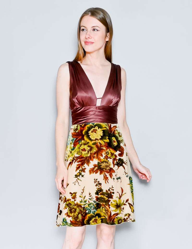 VINTAGE 'Single Dress' Brown Silk Floral Velvet Dress (XS)