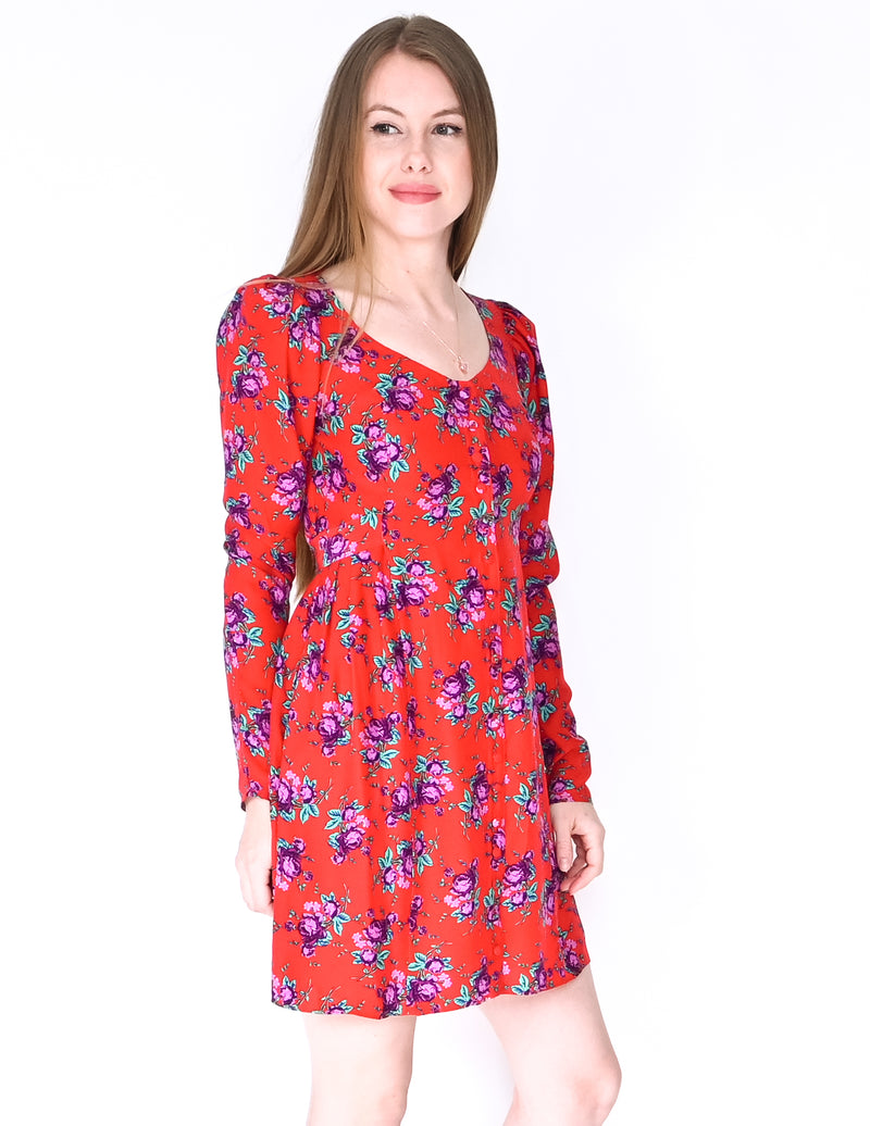 BETSEY JOHNSON Silk Puff-Shoulder Floral Dress (Size 2)