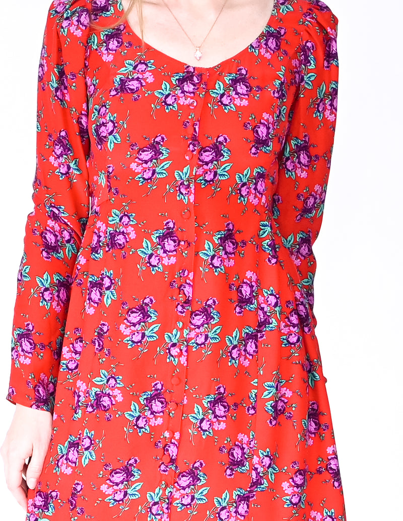 BETSEY JOHNSON Silk Puff-Shoulder Floral Dress (Size 2)