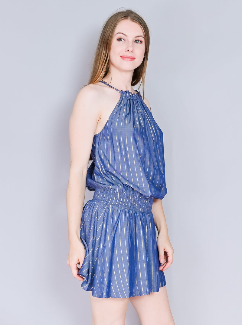 AMANDA UPRICHARD Blue Smocked Waist Mini Dress (S)