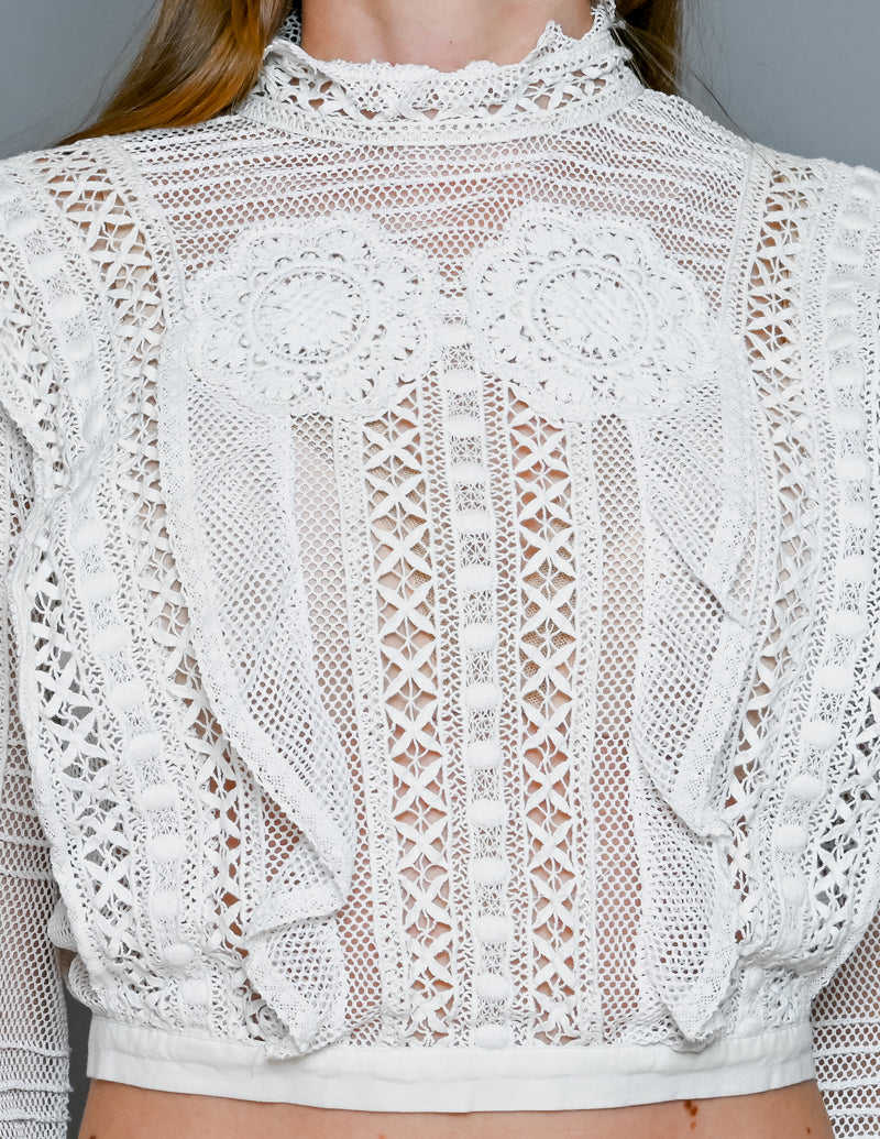 For Love & Lemons Lace Crochet Long Sleeve White Top