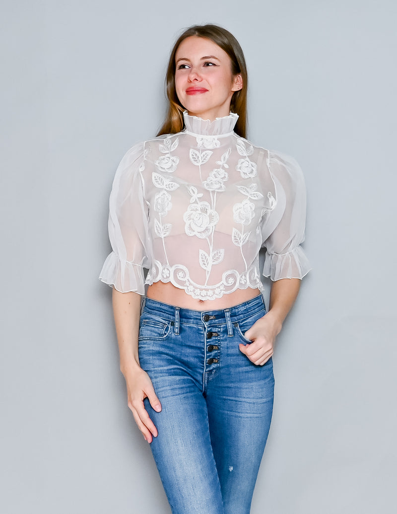 VINTAGE 70s White Organza Embroidered High-Neck Blouse XS
