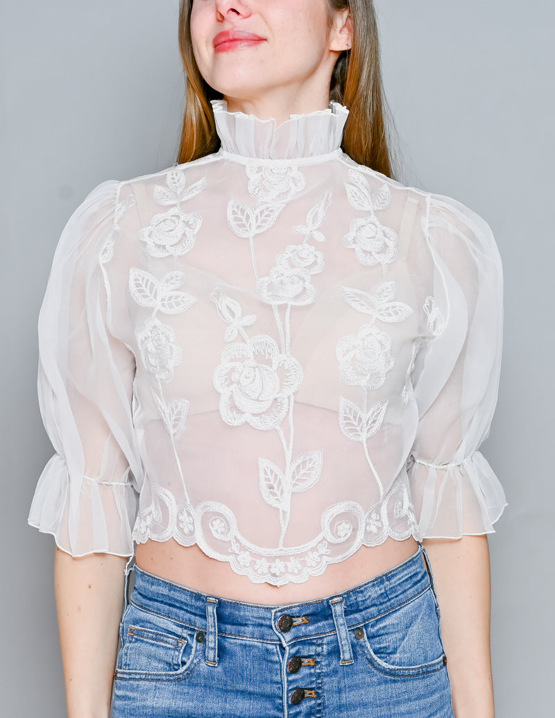 VINTAGE 70s White Organza Embroidered High-Neck Blouse XS