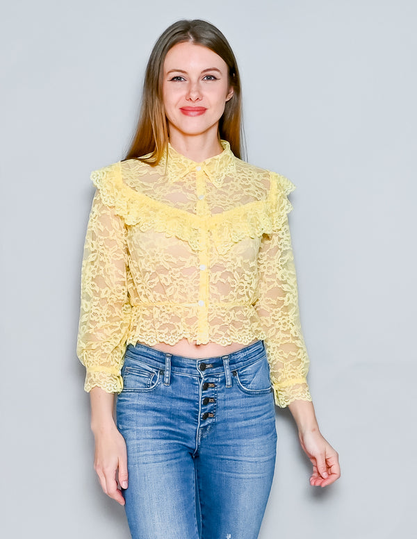 Calvin Luo Yellow Lace Ruffle-Trim Blouse