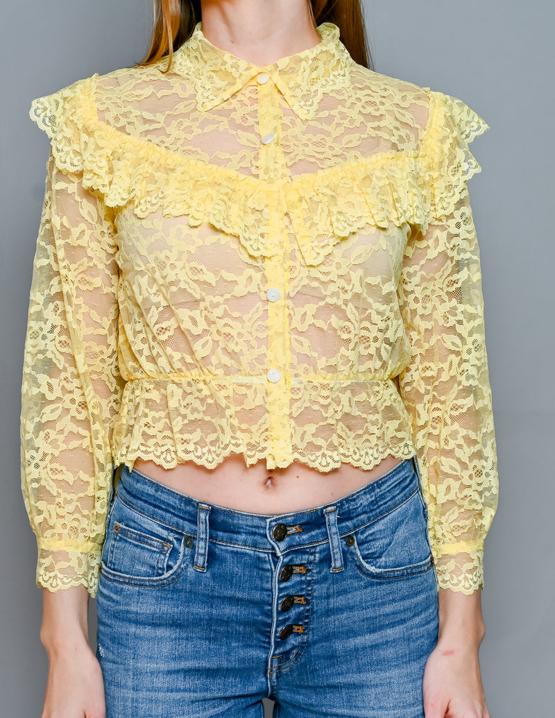 Calvin Luo Yellow Lace Ruffle-Trim Blouse